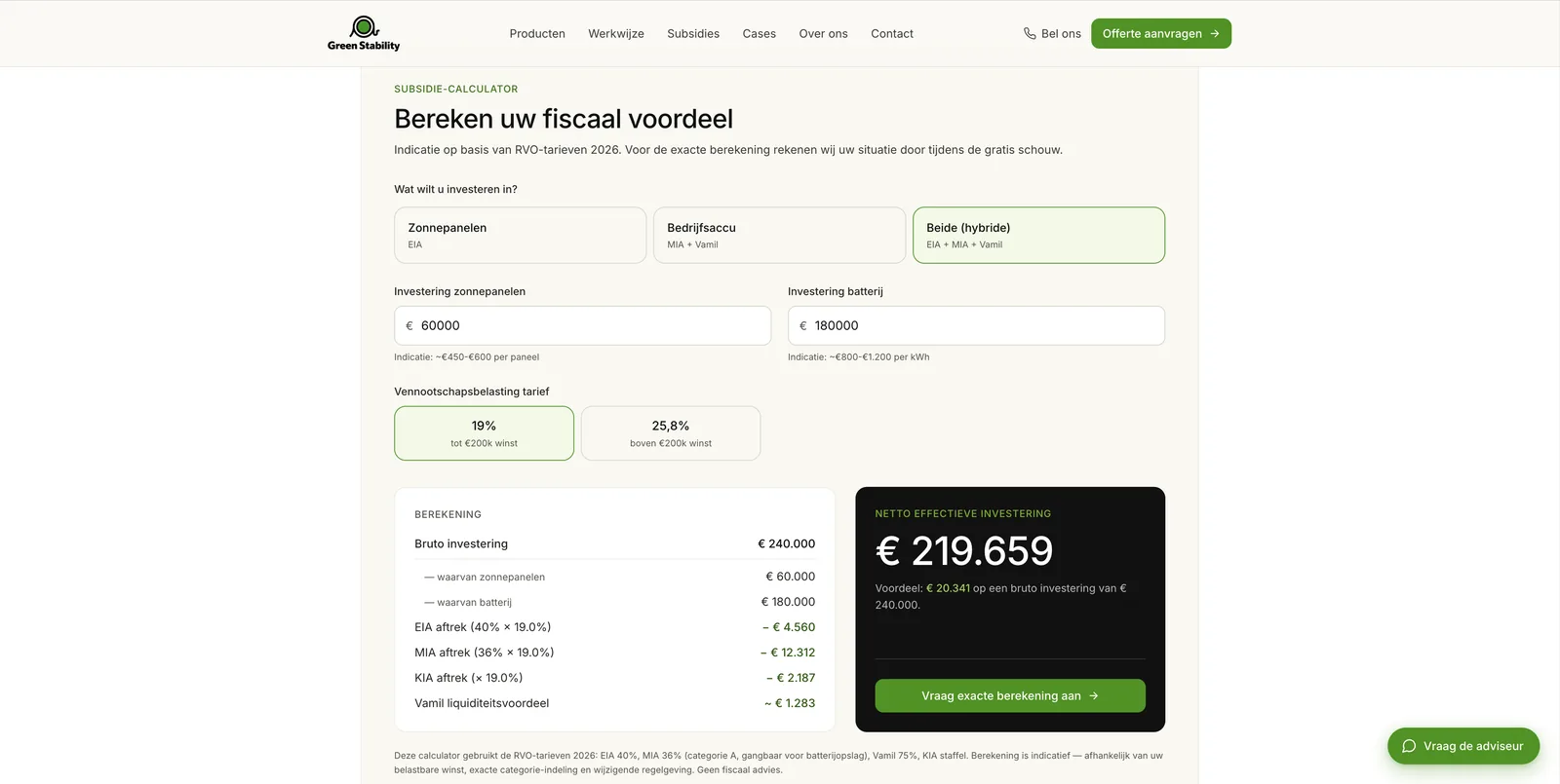 Interactieve subsidie-calculator op de site van Green Stability