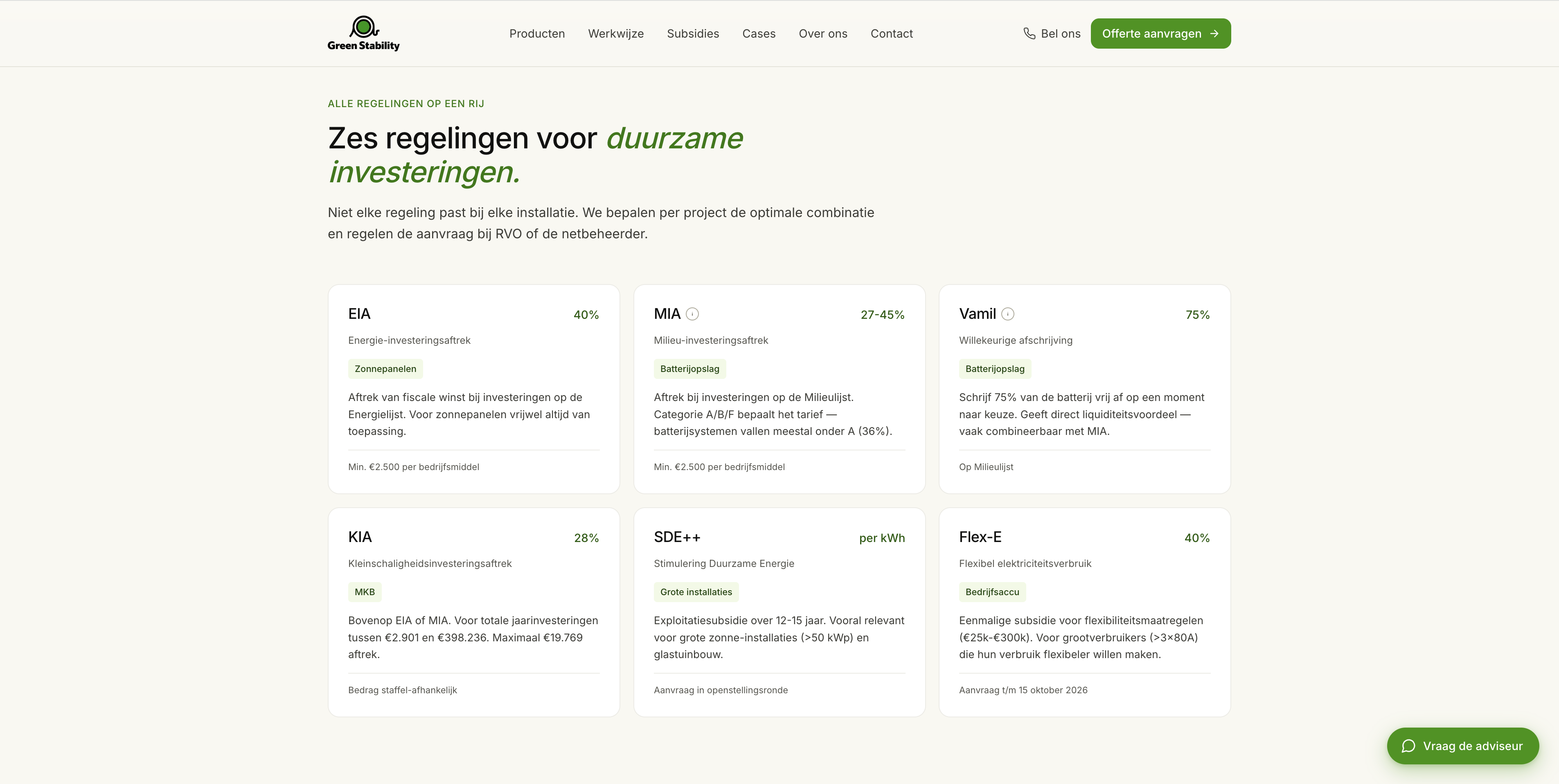 Subsidies-pagina van Green Stability — EIA, MIA en SDE++ uitgelegd voor MKB