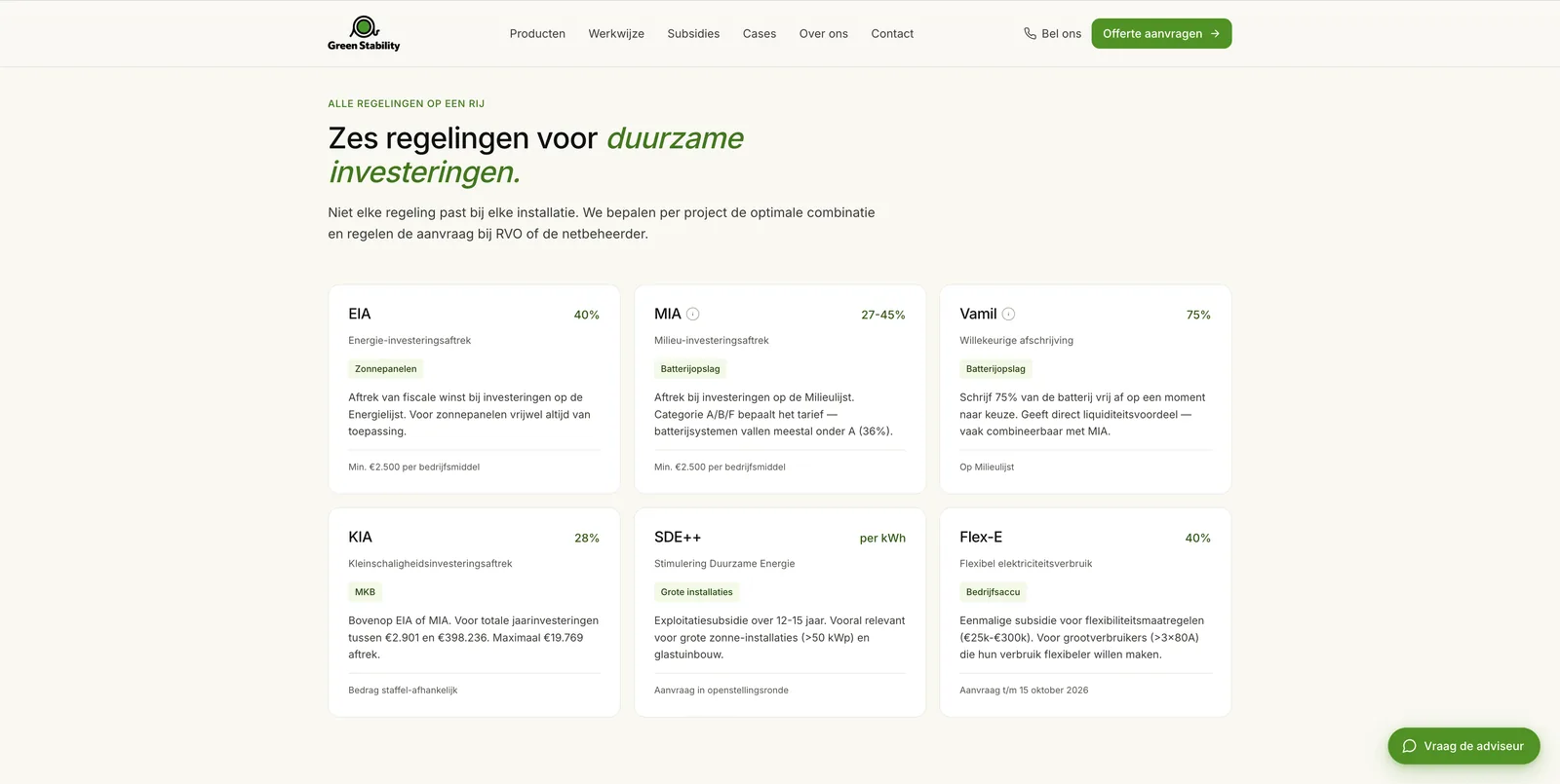 Subsidies-pagina van Green Stability — EIA, MIA en SDE++ uitgelegd voor MKB
