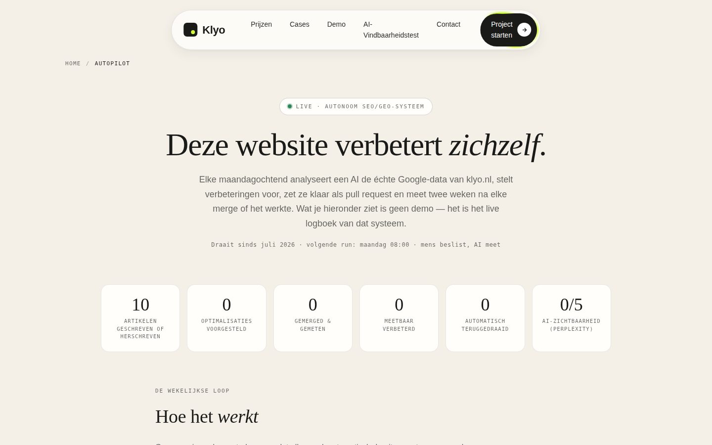 Het publieke autopilot-logboek van klyo.nl waarin de contentmachine zijn werk verantwoordt