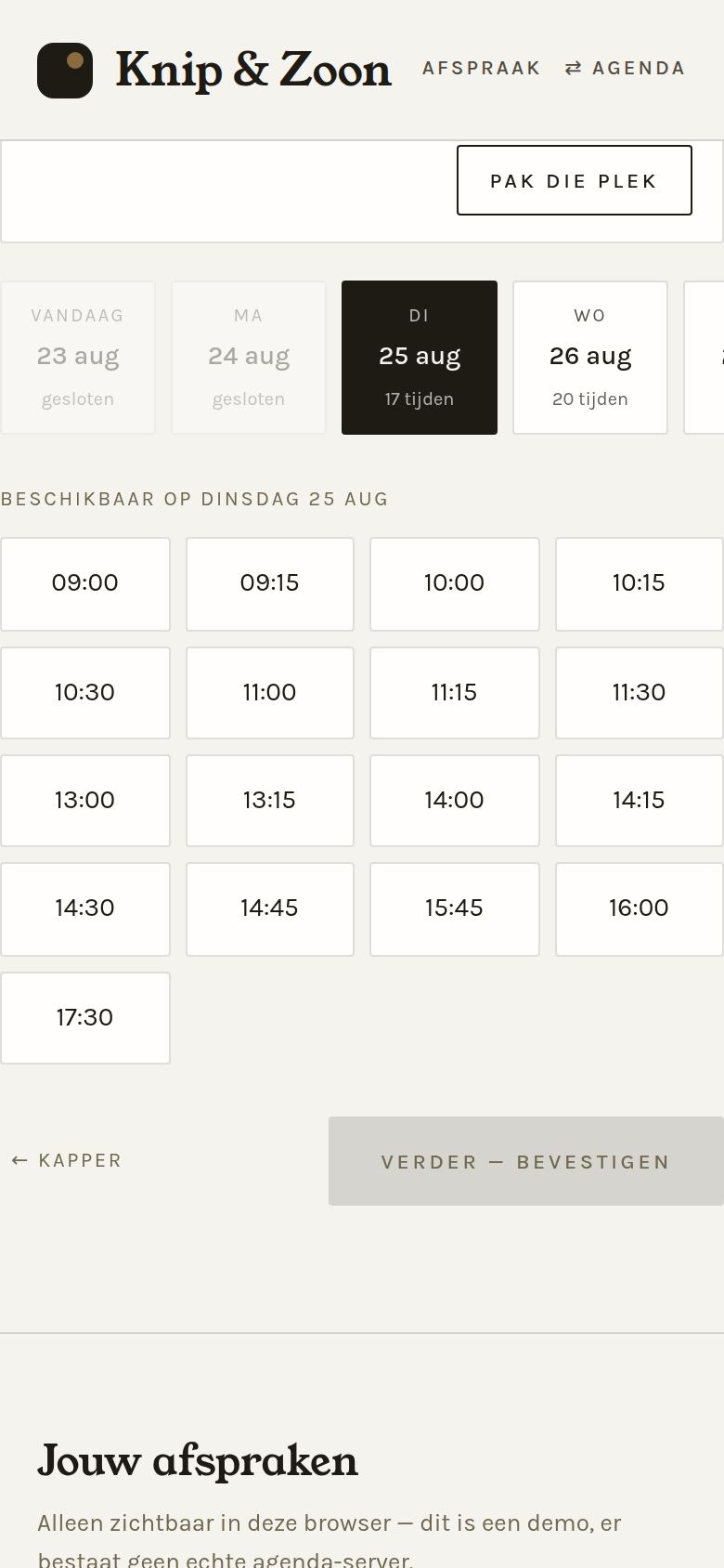 De boekingsstap van de demo-afsprakenplanner op een telefoon, met beschikbare tijden per dag