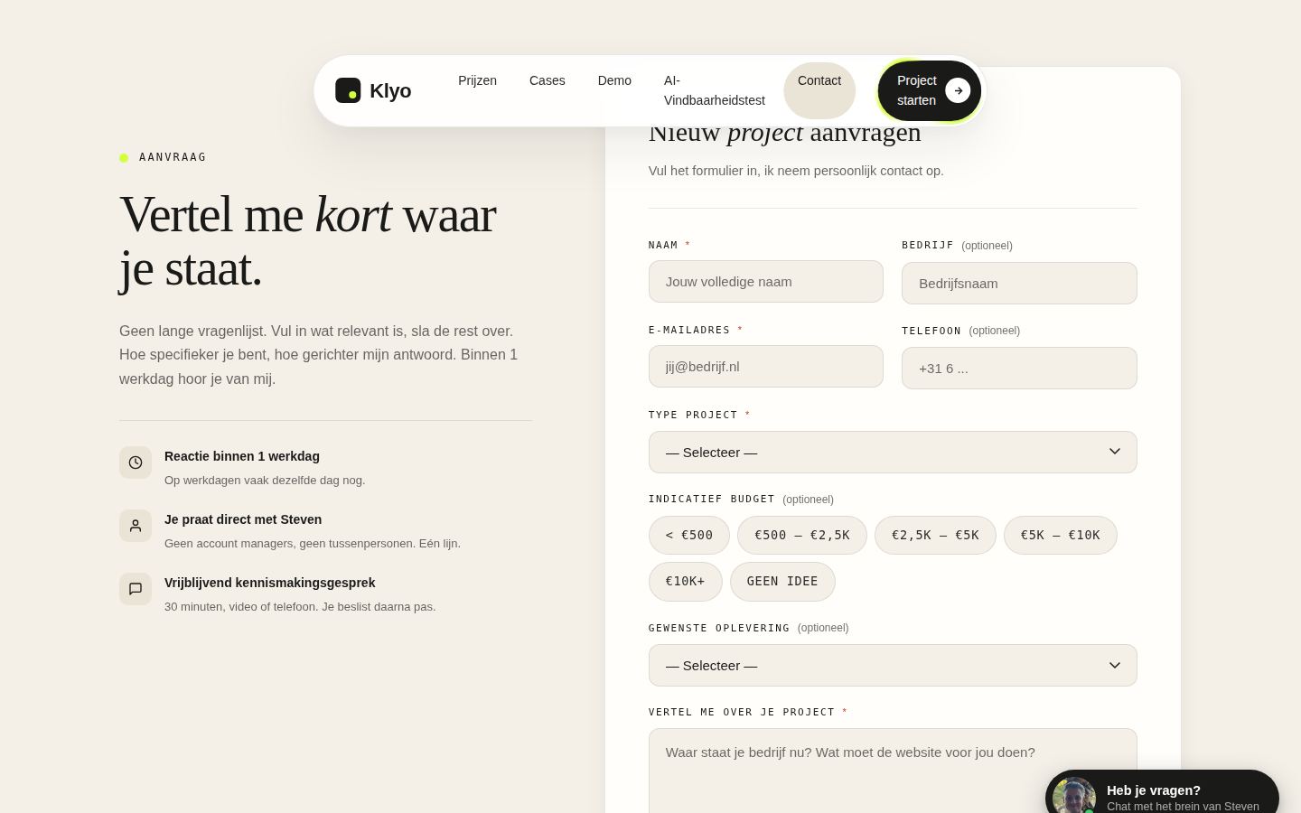 Het contactformulier van klyo.nl, het startpunt van de lead-opvolging