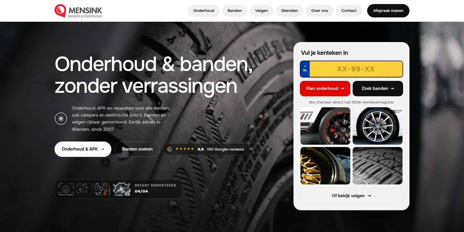 Homepage van de nieuwe site van Mensink Banden & Onderhoud