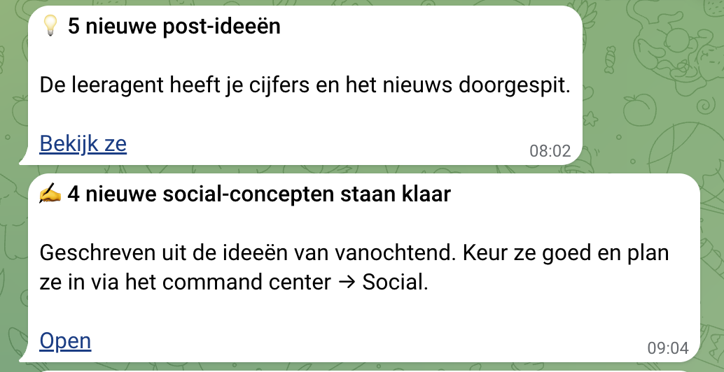 Echte Telegram-meldingen van de contentmachine: nieuwe post-ideeën en social-concepten die op goedkeuring wachten