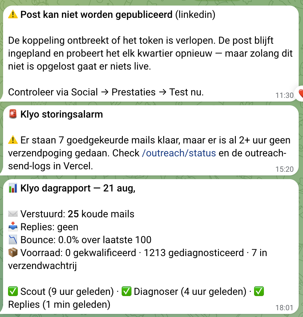 Echte Telegram-meldingen van de Klyo-machine: een storingsalarm en het dagrapport met verstuurde mails